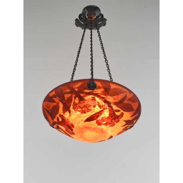 Metal French Art Deco Pendant Light by Daum & Majorelle - 1925 Cameo Chandelier France For Sale - Image 7 of 14
