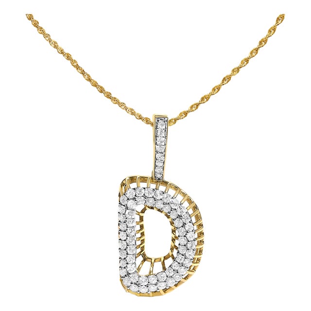 Men's 10K Yellow Gold 1 1/5 Cttw Diamond Letter D Initial Pendant Necklace For Sale