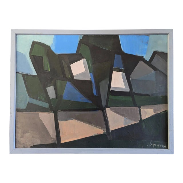 1958 Mid-Century Modern 'Geometric Pathway' Vintage Original Abstract Landscape, Framed For Sale