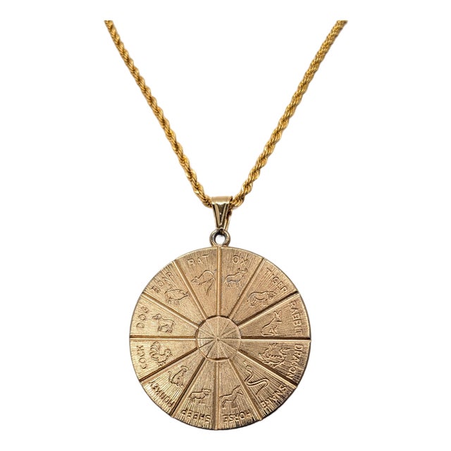 Vintage 1970s Signed Napier Goldtone Round Horoscope Pendant Necklace For Sale