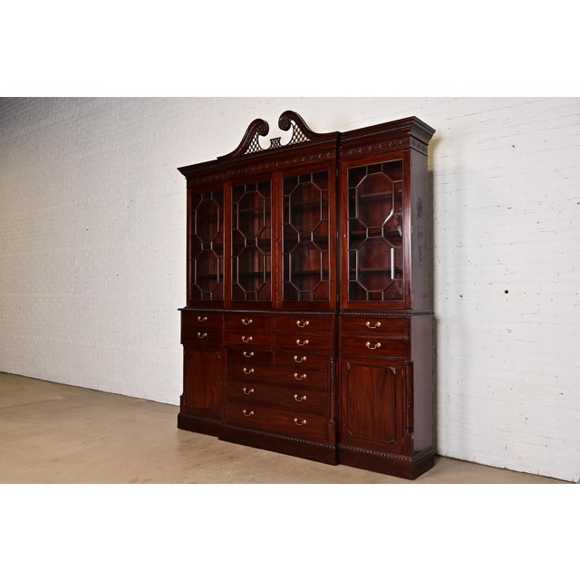 English Baker Furniture Style English Georgian Carved Mahogany Breakfront Bookcase Cabinet With Drop Front Secretary Desk For Sale - Image 3 of 13
