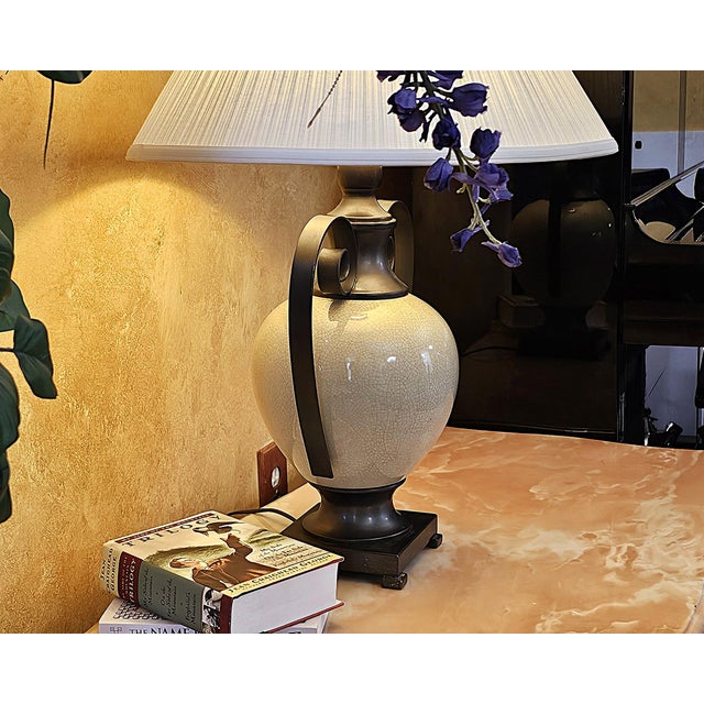 Ashley Gavivi Style Crackle-Glaze Ceramic Urn & Bronze Scroll Table Lamp For Sale - Image 14 of 18
