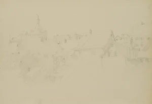 H. Christiansen, Roofscape in Bad Wimpfen with the Blue Tower, 1922, Pencil
