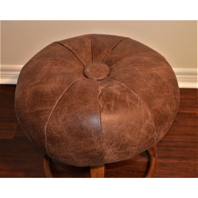 A vantage Bentwood swivel stool or bench in excellent condition. It has been newly upholstered in an Italian distressed...