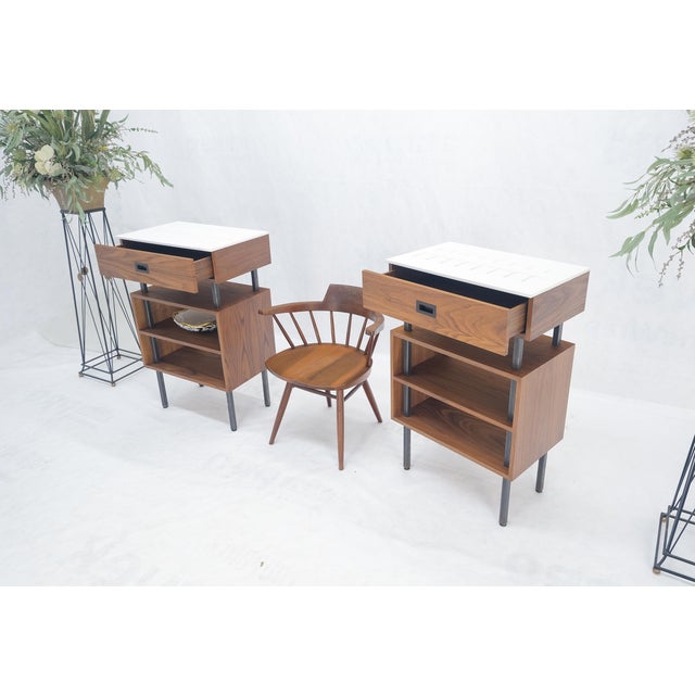 Mid 20th Century Pair of Oiled Walnut 1 Drawer 3 Tier Side End Tables Stands Composite Top Mint! For Sale - Image 5 of 14