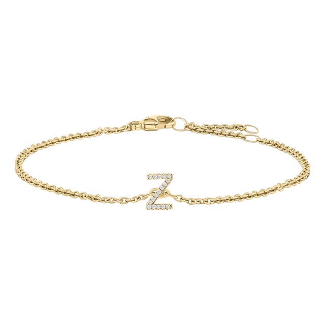 10K Yellow Gold Diamond Accent "Z" Initial Charm and Link Bracelet For Sale