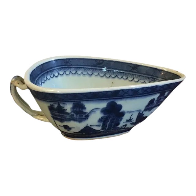 Antique Early 19th Century Chinese Export Blue & White Canton Porcelain Gravy Boat For Sale