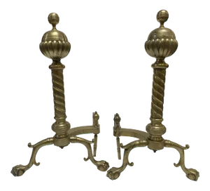 Brass Belted Ball-Top and Spiral Turned Clawfoot Andirons - a Pair