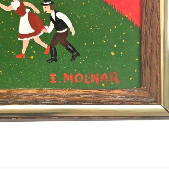 E. Molnar Hungarian Naïve Folk Art Village Fair Painting Framed 18" For Sale - Image 9 of 10
