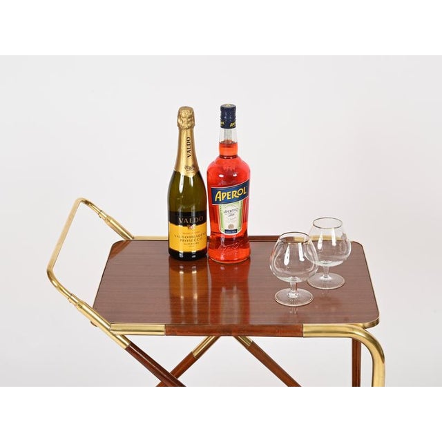 Brown Mid-Century Brass and Wood Bar Cart by Cesare Lacca, Italy, 1950s For Sale - Image 8 of 16