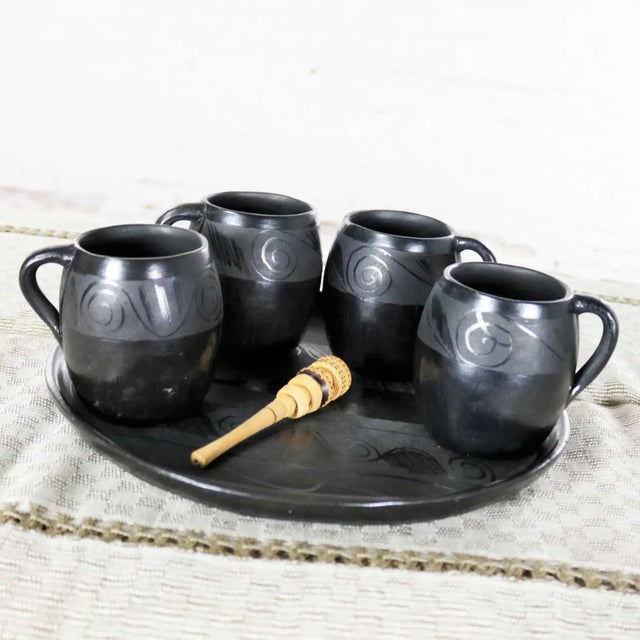 Mid-Century Modern Vintage Black Clay Barro Negro Pottery Hot Chocolate Set Oaxaca Mexico 4 Mugs and Fish Tray - 6 pcs For Sale - Image 3 of 13