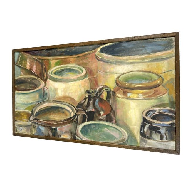 Farmhouse Vintage 1960s Still Life Oil Painting - Crocks, Jars, and Pottery Vessels W/ Handmade Artist's Frame - Signed Ann Blake 1968 For Sale - Image 3 of 14