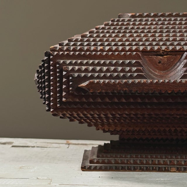 Brown Antique Folk Art Tramp Art Box on Pedestal Base With Red Velvet Lining For Sale - Image 8 of 10