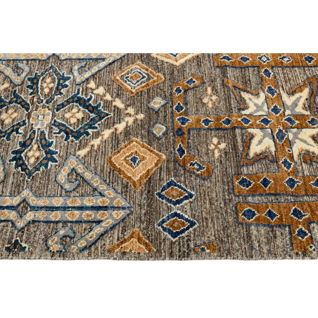 Modern Tulu Tribal Wool Rug – Geometric Charcoal, Tan & Slate Blue 9x12 For Sale - Image 4 of 11