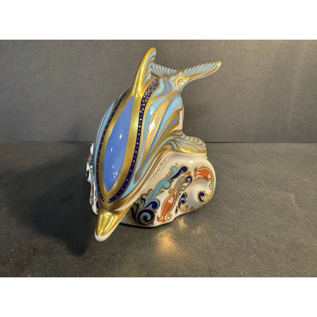 Royal Crown Derby Porcelain Vintage MCM Royal Crown Derby Striped Dolphin on Wave Figurine For Sale - Image 4 of 6