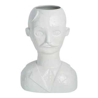 Vase, Male Head, White Glazed Ceramic For Sale