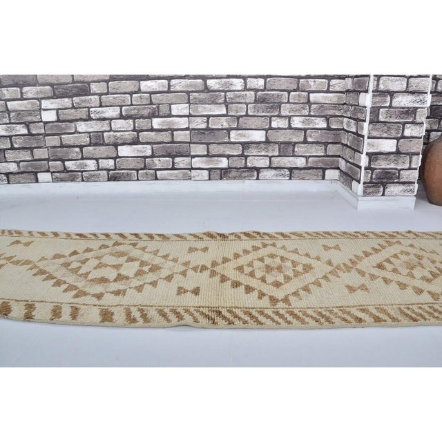 Turkish Vintage Anatolian Wool Runner, Hand-Woven Neutral Earth Tone Geometric Kilim For Sale - Image 3 of 9