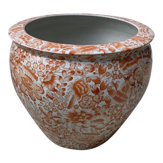 Vintage Chinese Orange Floral Porcelain Large Fish Bowl Planter For Sale