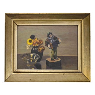 Unknown, Still Life with Accordion Player, Oil on Panel, Mid-20th Century For Sale