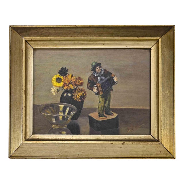 Unknown, Still Life with Accordion Player, Oil on Panel, Mid-20th Century For Sale