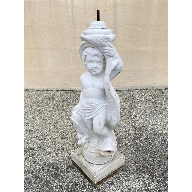 Early 20th Century Italian Classical Carved Marble 31" Cherub Dolphin Garden Fountain Statue For Sale - Image 12 of 13