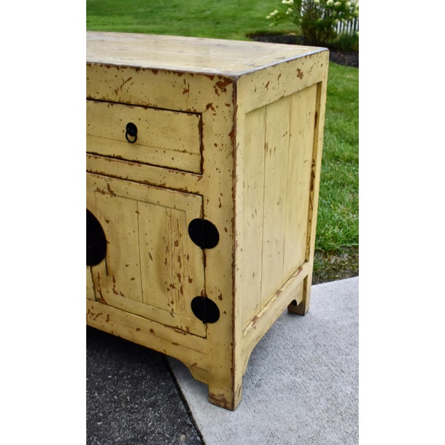 Chinese Wood Painted Cabinet Ming Style Distressed Yellow For Sale In Philadelphia - Image 6 of 16