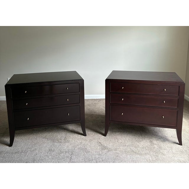 Elegant pair of Barbara Barry for Baker Furniture commode-style nightstands or end tables featuring the designer’s...