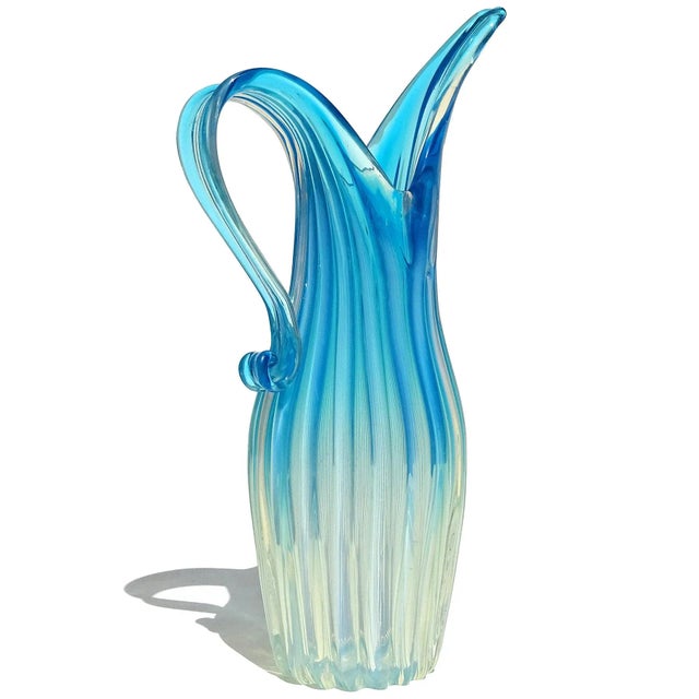 Murano Vintage Murano Fratelli Toso Tall Opalescent Sky Blue White Fade Italian Ribbed Art Glass Pitcher Flower Vase For Sale - Image 4 of 10