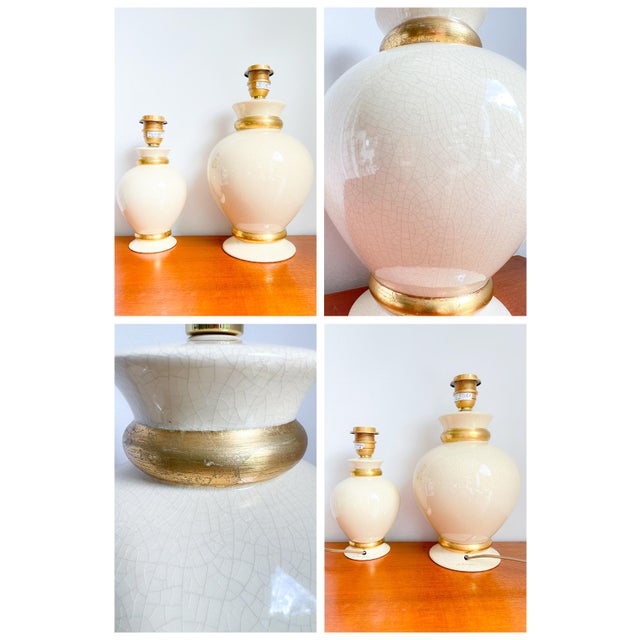Vintage French Table Lamps in Ivory / Gold Crackled Ceramic from Maison Le Dauphin, 1970s, Set of 2 For Sale - Image 6 of 13