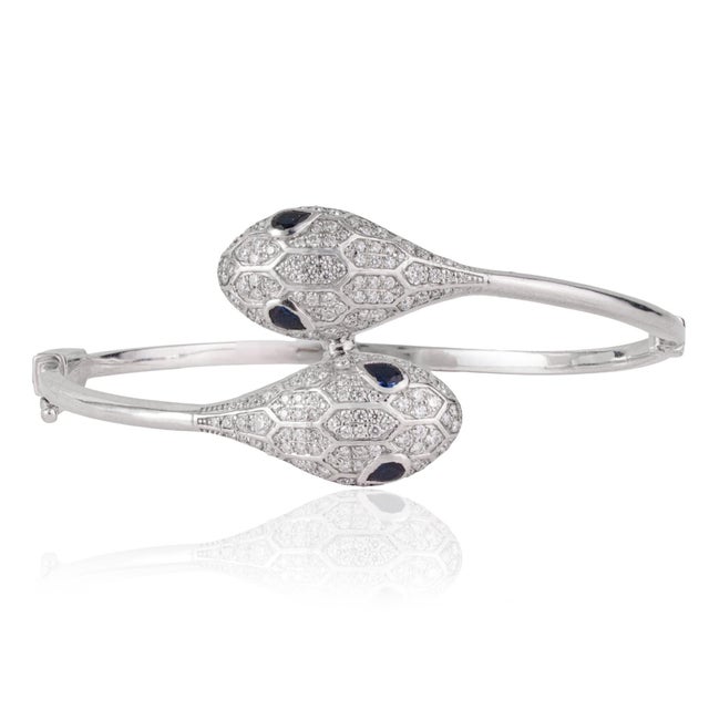 Contemporary Luxury Double Headed Serpentine Cz Bangle in Sterling Silver by Carat&Her For Sale - Image 3 of 13