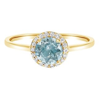 10K Yellow Gold Blue Aquamarine and 1/10 Cttw Diamond Halo Ring, Size 6.5 For Sale