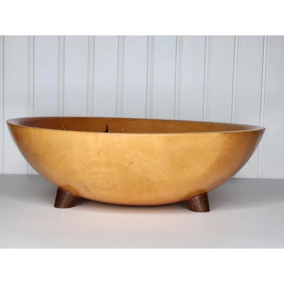 Brown Vintage Munising Hand Painted Signed Wooden Footed Bowl - Floral Dogwood 13.5" - MCM Home Dec - Accent Bowl Decorative For Sale - Image 8 of 15