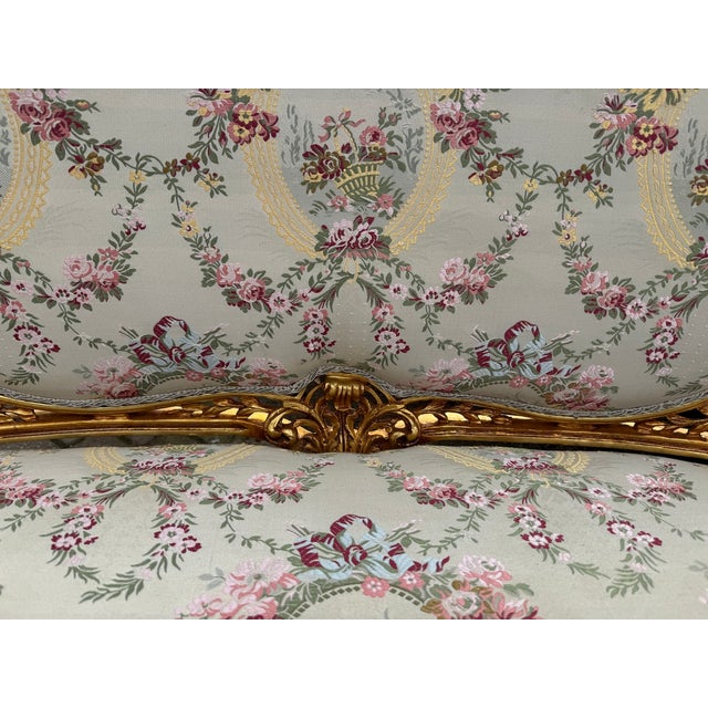 French 1970 French Louis XVI Gold Beech Damask Settee 1pc For Sale - Image 3 of 12