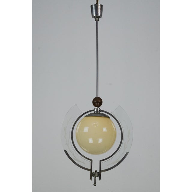 Art Deco Italian Pendant Light with Etched Glass and Amber Globe, 1930s For Sale - Image 4 of 17