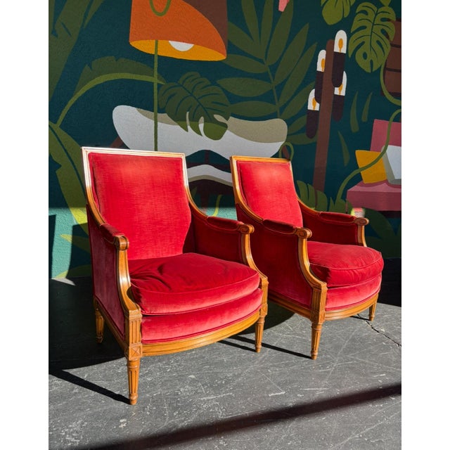 Red Henredon Traditional Cranberry Velvet Lounge Chair Pair For Sale - Image 8 of 13