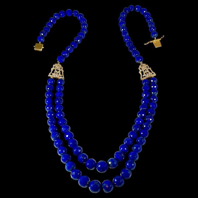 Vintage Lapis Lazuli Double Strand Diamond Necklace 14 Kt Yellow Gold Clasp For Sale - Image 17 of 18