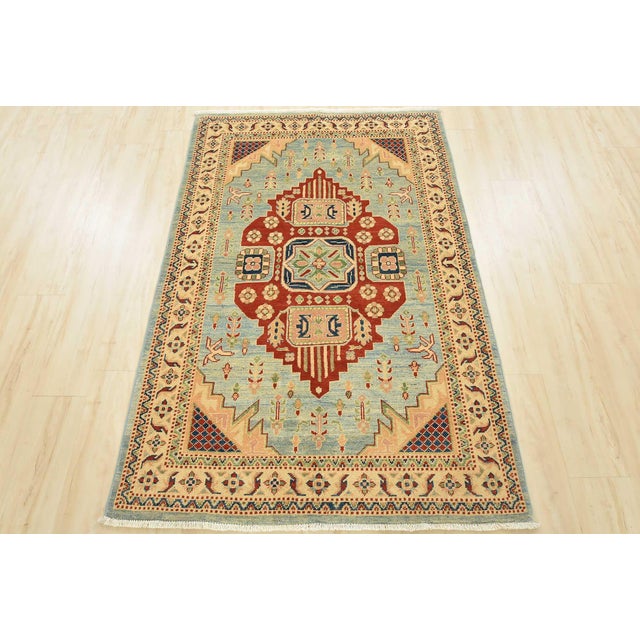 Tribal Kazak Rug 4′ X 5’11” Blue Wool Tribal Hand-Knotted Oriental Carpet For Sale - Image 3 of 12