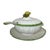 Vintage Italian soup tureen with lemon finial. Underplate measures 12” w x 11” d, tureen is 11.5” w with handles, 10.5”...
