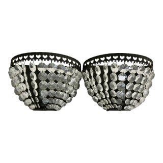 Late 20th Century Crystal Beads & Black Iron Sconces - A Pair For Sale