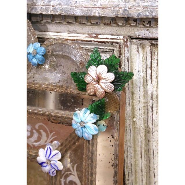 19th Century Venetian Cushion Overlay Wall Mirror With Murano Glass Flowers For Sale - Image 4 of 12