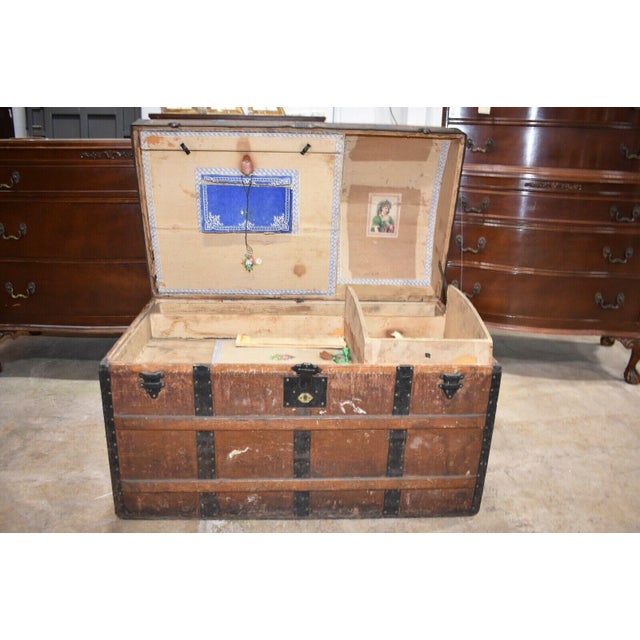Antique Primitive Oak Slat Chest Humpback Round Top Steamer Trunk