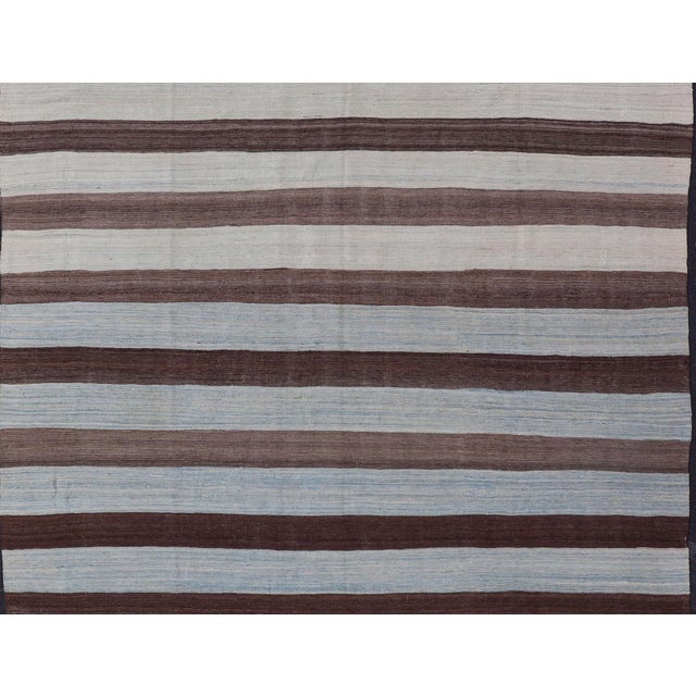 Modern Modern Kilim Hand Woven Casual Rug With Stripes in Shades of Blue and Brown 8'6 X 12'6 For Sale - Image 3 of 13