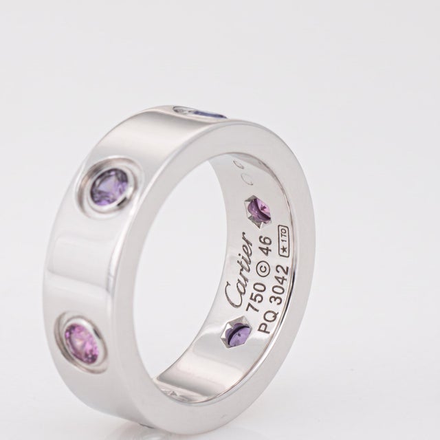 ​Cartier Gemstone Love Ring 46 3 3/4 18k White Gold Sapphire Spinel Aquamarine, Size 3.75 For Sale In Los Angeles - Image 6 of 6