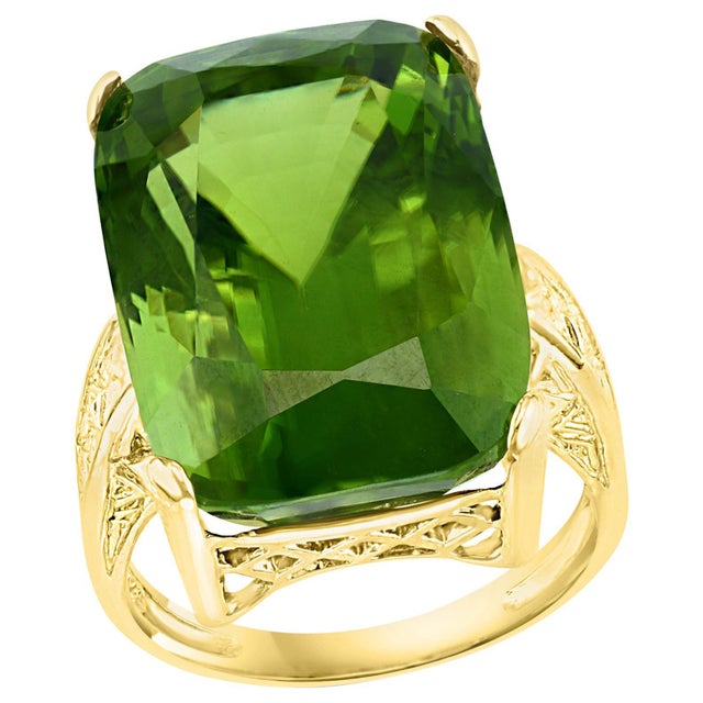 GIA Certified 34.06 Carat Cushion Peridot 14 Karat Yellow Gold Ring Estate For Sale - Image 15 of 18