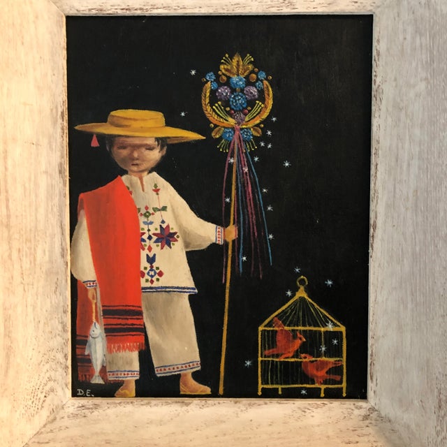 2 original 8 x 10 paintings on canvas board both initialed D.E.overall size with original white washed oak frames is 11.5...