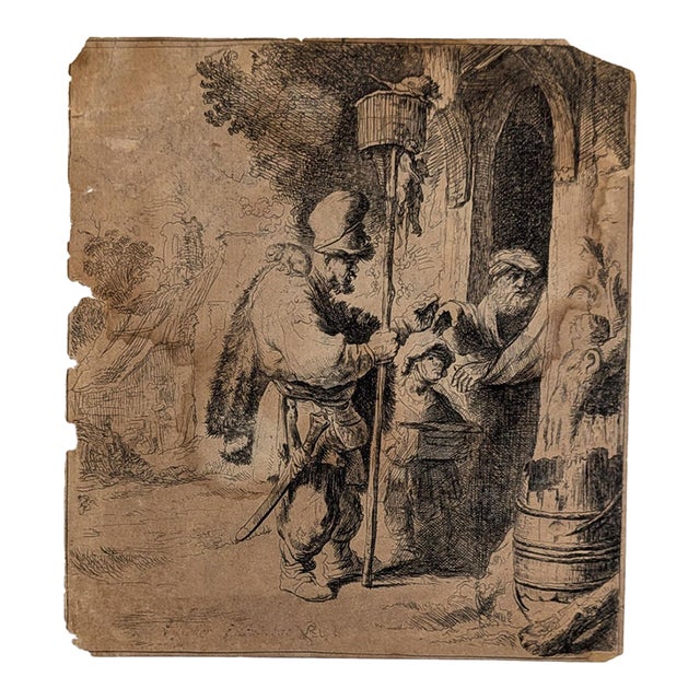 17th C. Etching After Rembrandt - The Rat Catcher - c.j. Visscher Pub. State For Sale