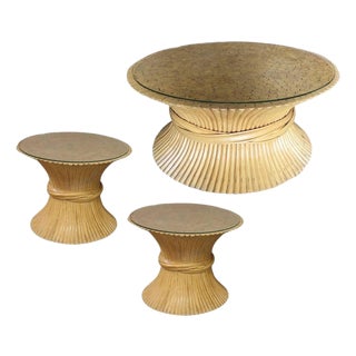 1970s Restored Mcguire Corseted Hour Glass Rattan Coffee Table and Side Tables Set of 3 For Sale