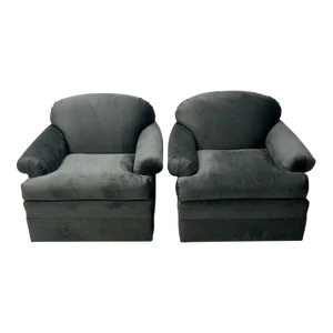 Pair of American Mid-Century Modern Grey Swivel / Lounge Chairs, Scroll Arm