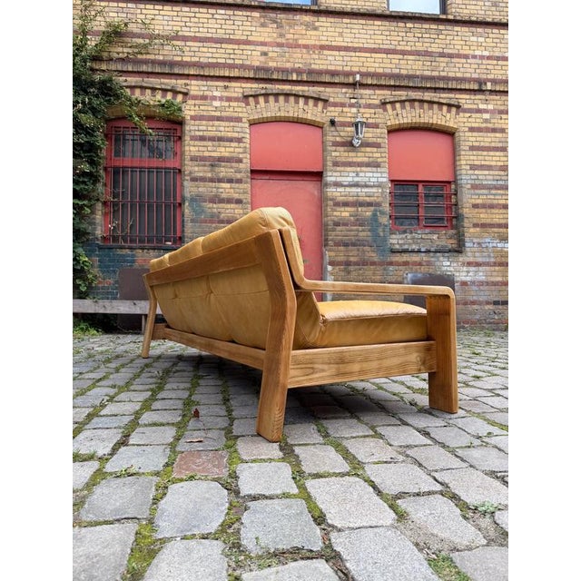 Three-Seater Sofa in Yellow Genuine Leather and Wood by Rolf Benz For Sale - Image 4 of 11