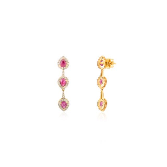 Art Nouveau 14k Gold Pear Drop Ruby Diamond Dangle Earrings- 2 Pieces For Sale - Image 3 of 8
